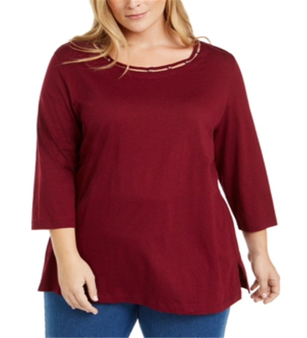 Karen Scott Women's Embellished Cut Out Pullover Top Red Size 0X