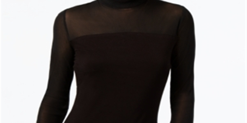 INC International Concepts Women's Mock Turtleneck Mesh Inset Fitted Top Black Size Large