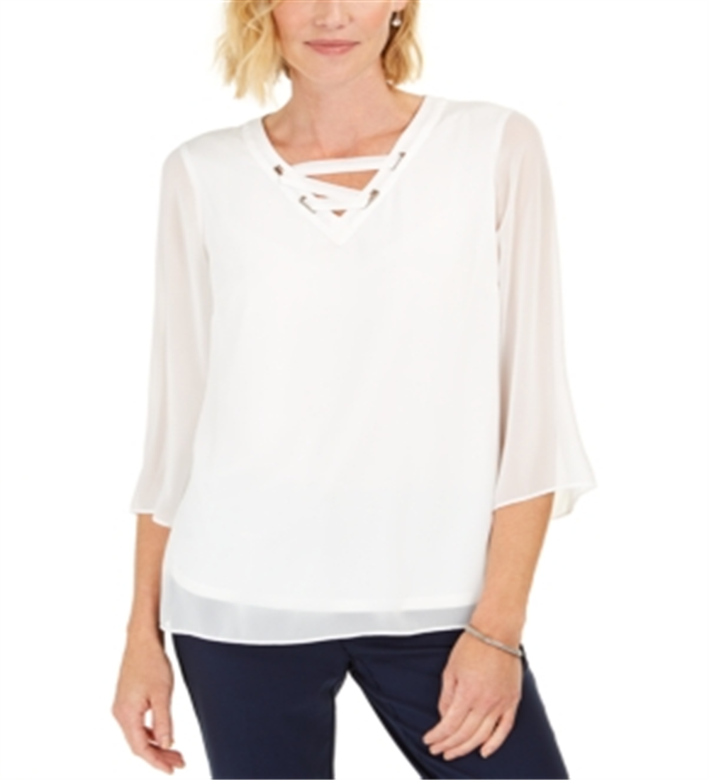 JM Collection Women's Lace up Grommet Trim Top White Size X-Small