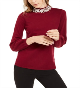 Alfani Women's Petite Embellished Mock-Neck Sweater - Malbec Red Size Petite Small