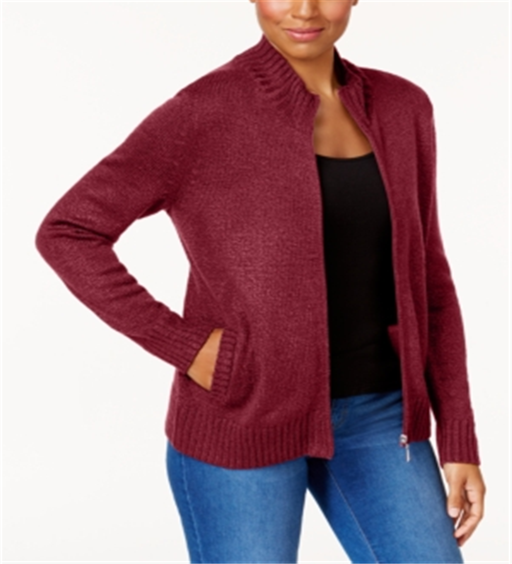 Karen Scott Petite Long-Sleeve Zip-Front Sweater Red Size Petite S