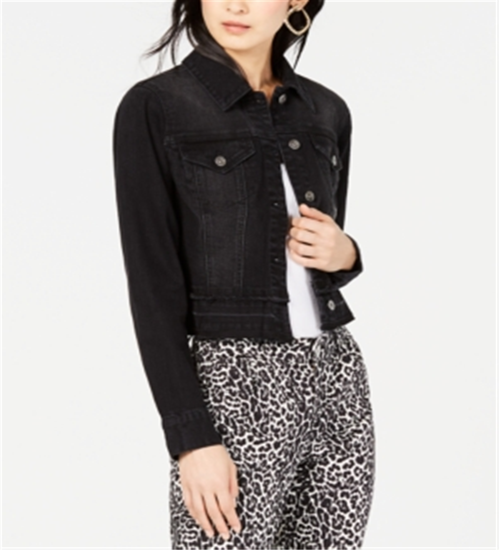 INC International Concepts Women's Frayed Cropped Denim Jacket Black Size X-Large