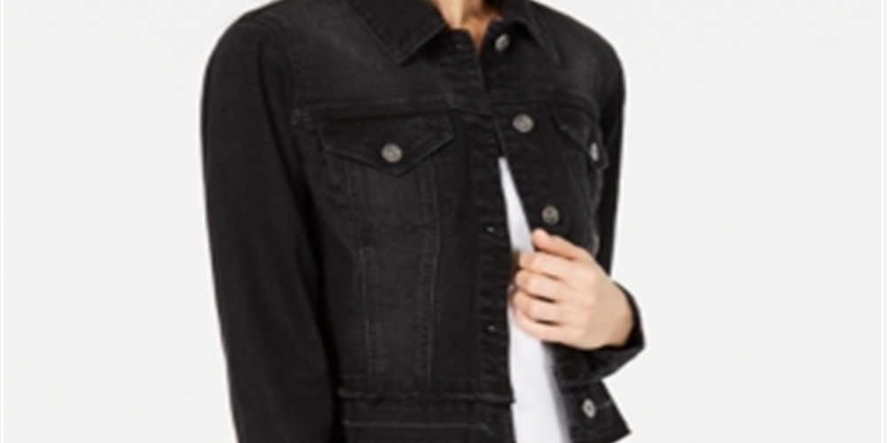 INC International Concepts Women's Frayed Cropped Denim Jacket Black Size X-Large