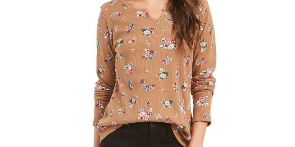 Style & Co Women's Printed Cotton Thermal Top Black Size M