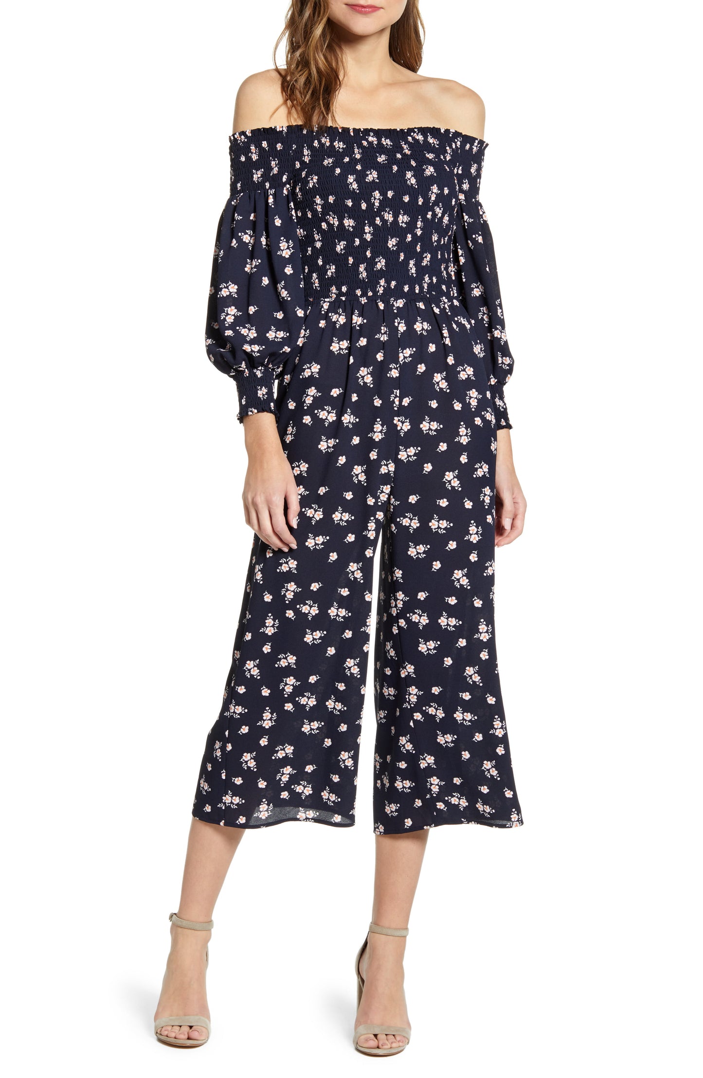 1.STATE Women's Floral Print Smocked Jumpsuit Navy Size S