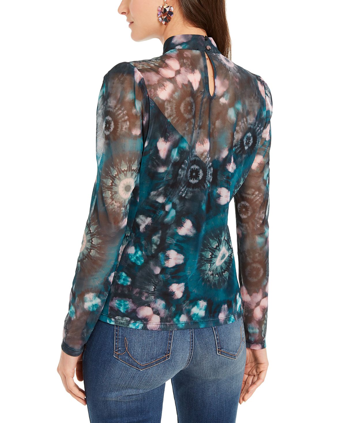 INC International Concepts Women's Floral Print Mock Neck Top Blue Size X-Small