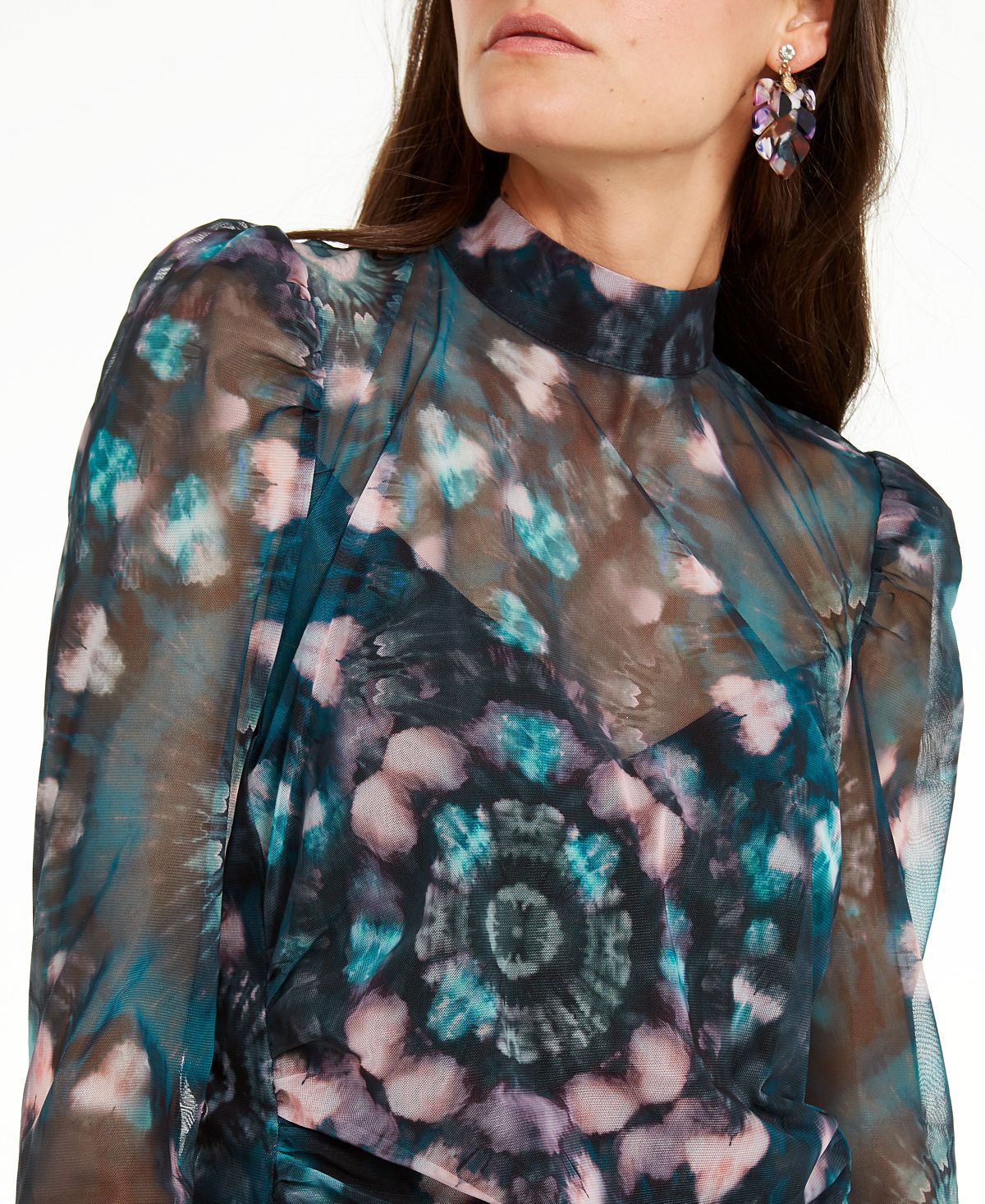 INC International Concepts Women's Floral Print Mock Neck Top Blue Size X-Small