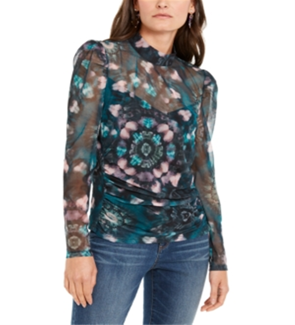 INC International Concepts Women's Floral Print Mock Neck Top Blue Size X-Small