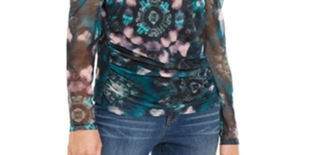 INC International Concepts Women's Floral Print Mock Neck Top Blue Size X-Small