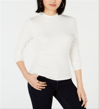 Bar III Women's Ribbed Mock Neck Top White Size L