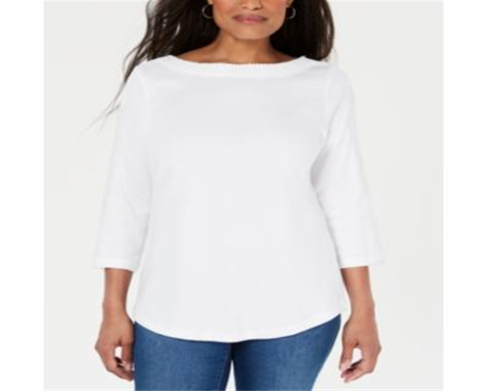 Karen Scott Women's Cotton Lace Trim Top White Size X-Small