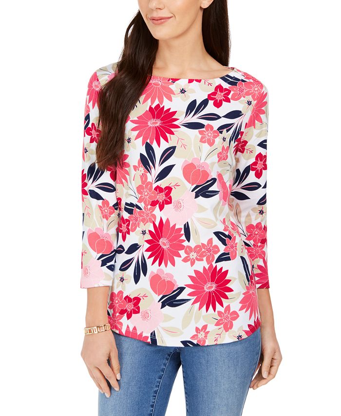 Charter Club Women's Floral Print Top Red Size Large