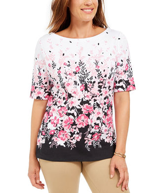 Karen Scott Women's Floral Print Boat Neck Top Black Size Petite