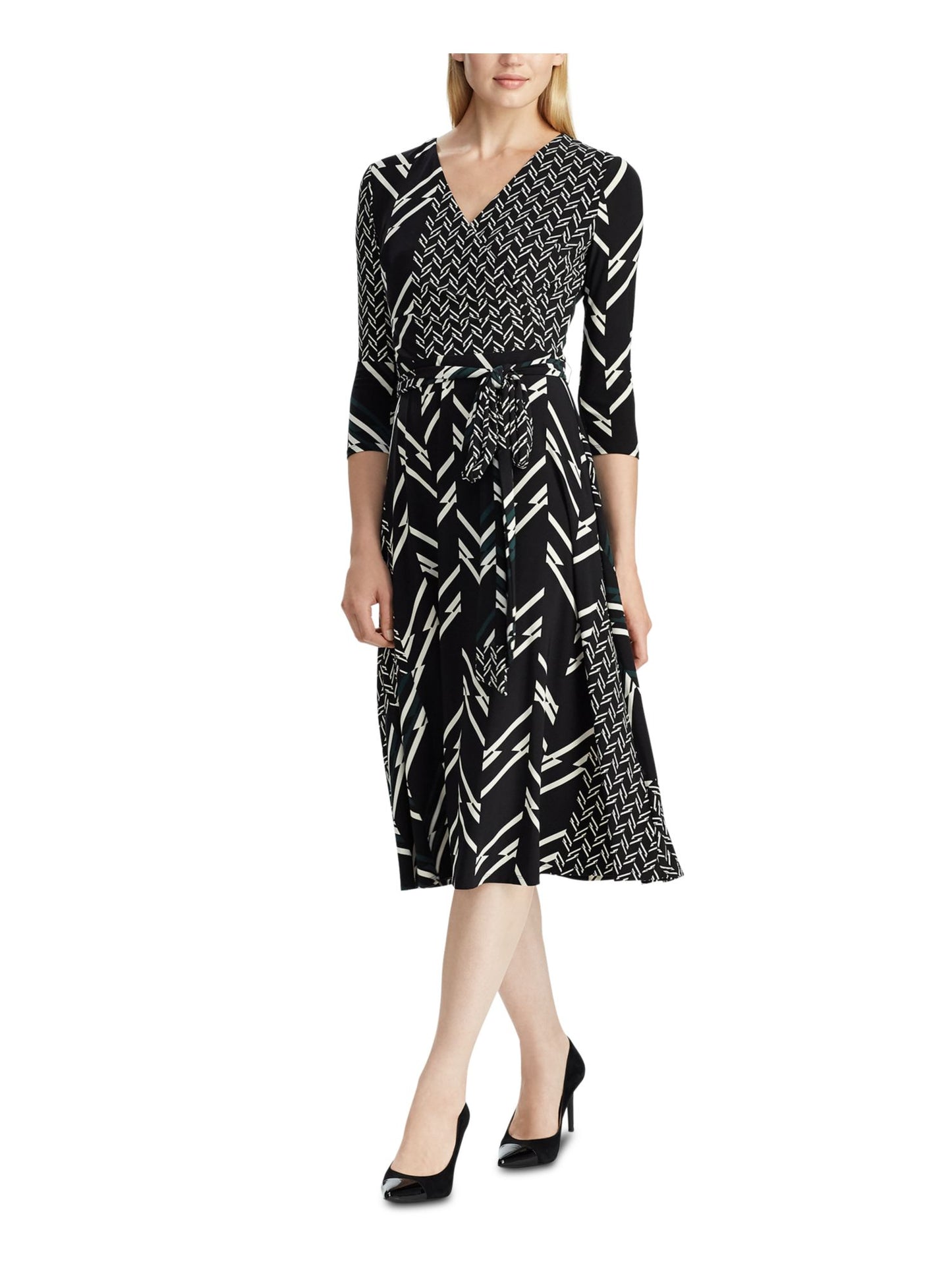 Ralph Lauren Women's Belted Herringbone 3/4 Sleeve V Neck Tea Length Fit Flare Wear to Work Dress Black Size 2