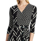 Ralph Lauren Women's Belted Herringbone 3/4 Sleeve V Neck Tea Length Fit Flare Wear to Work Dress Black Size 2