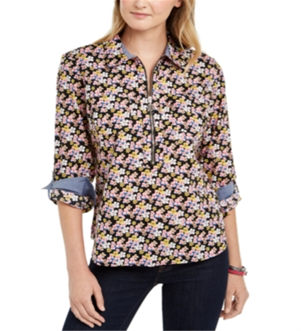 Tommy Hilfiger Women's Printed Zip Neck Popover Top Black Size XL