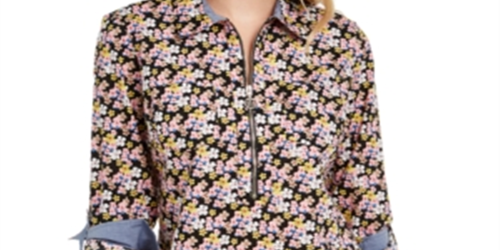 Tommy Hilfiger Women's Printed Zip Neck Popover Top Black Size XL