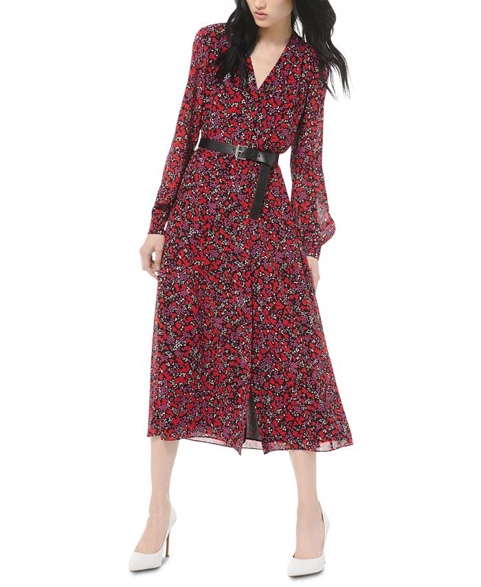 Michael Kors Women's Printed Belted MIDI Dress Red Size Small