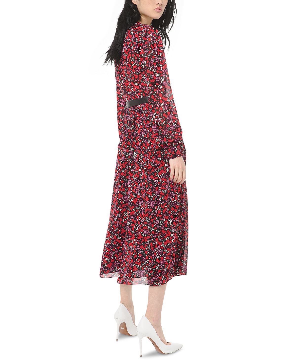Michael Kors Women's Printed Belted MIDI Dress Red Size Small