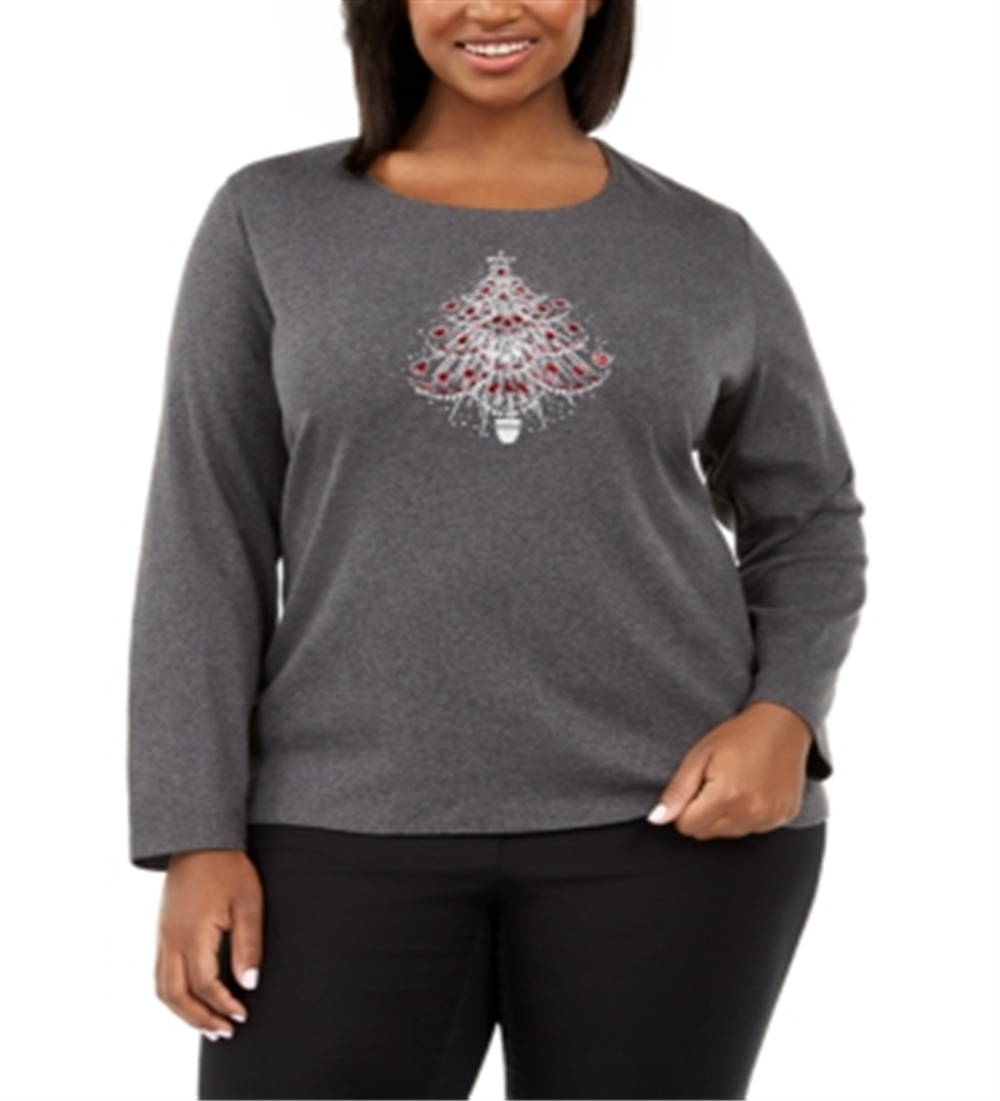 Karen Scott Women's Plus Cotton Embellished Tree T-Shirt Grey Size 0X