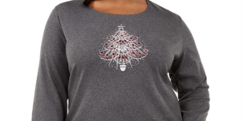 Karen Scott Women's Plus Cotton Embellished Tree T-Shirt Grey Size 0X