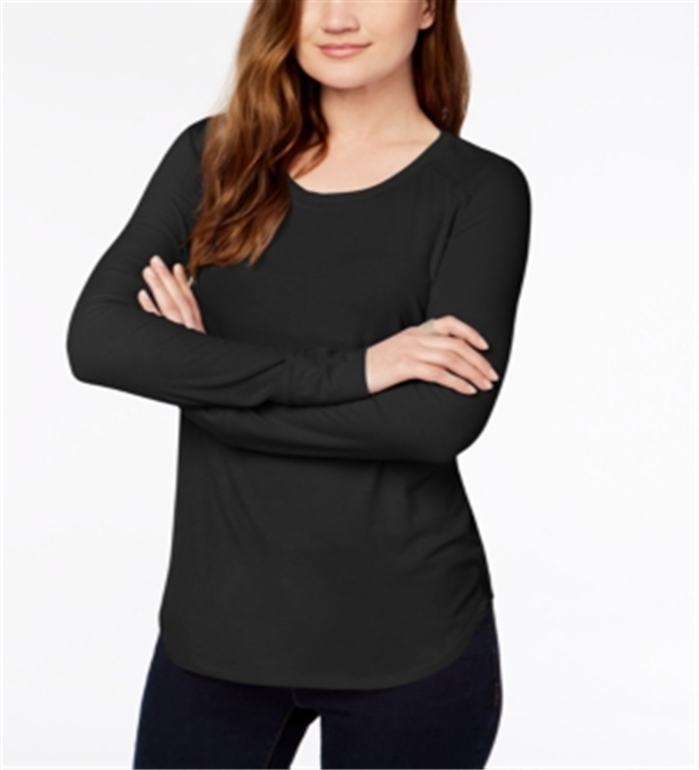 INC International Concepts Women's Knit Top Deep Scoop Neck Ribbed Long Sleeve Black Size X-Large