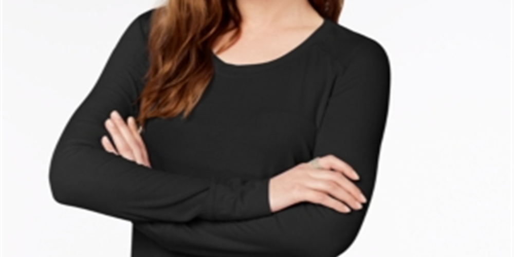 INC International Concepts Women's Knit Top Deep Scoop Neck Ribbed Long Sleeve Black Size X-Large