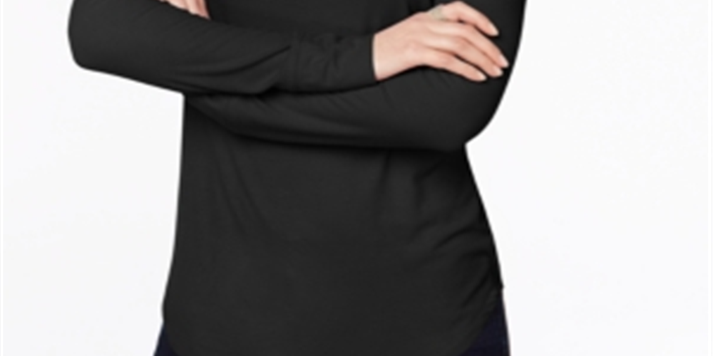 INC International Concepts Women's Knit Top Deep Scoop Neck Ribbed Long Sleeve Black Size X-Large