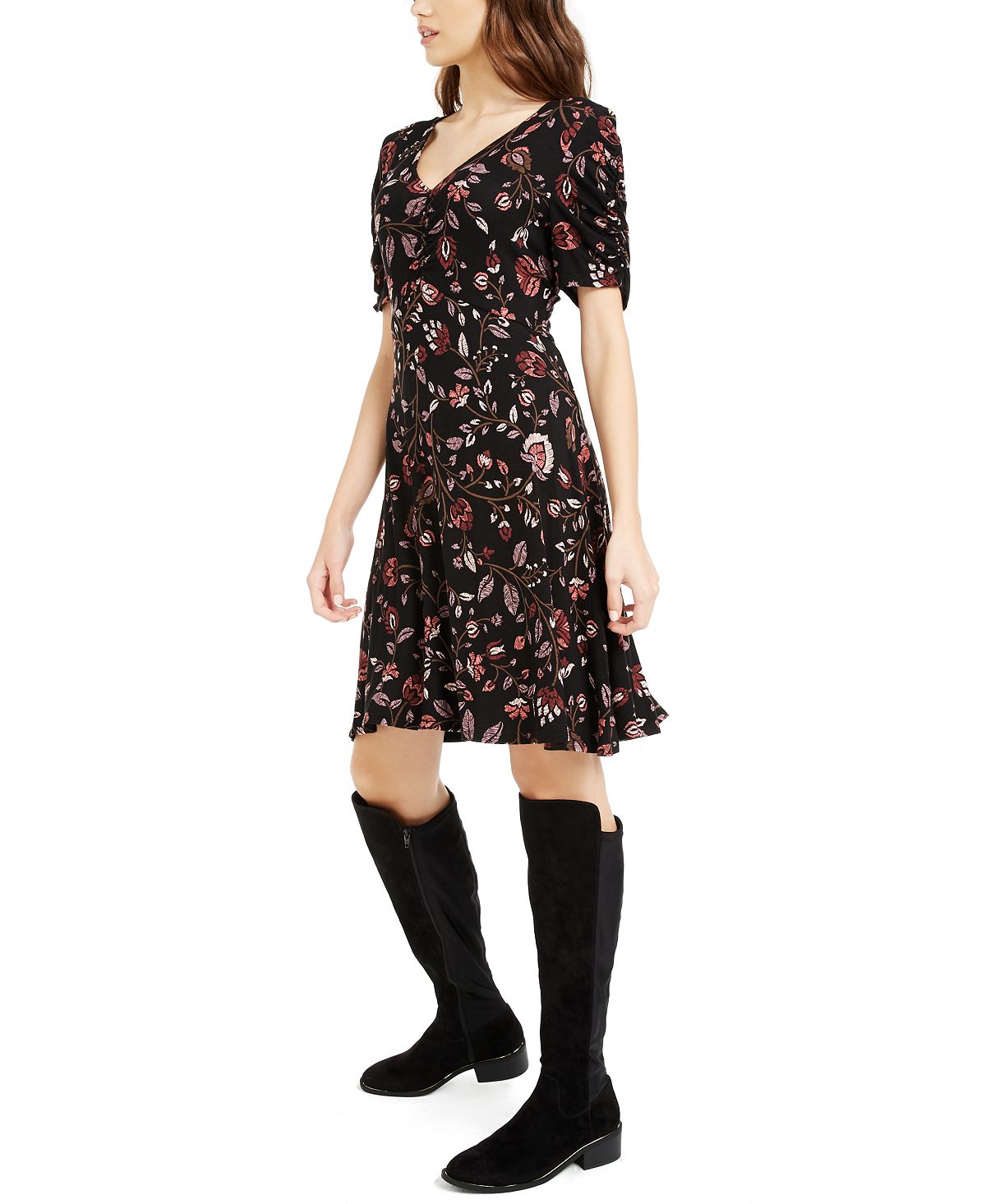 American Rag Junior's Printed Ruched Sleeve a Line Dress Black Size Large