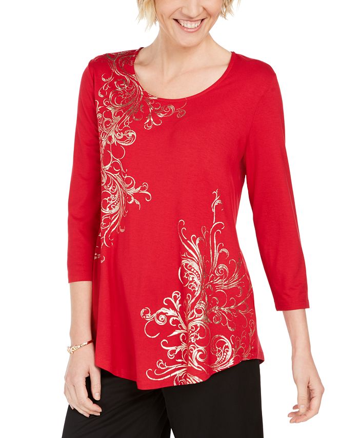 JM Collection Women's Printed Scoop Neck Top Red Size -Petite S