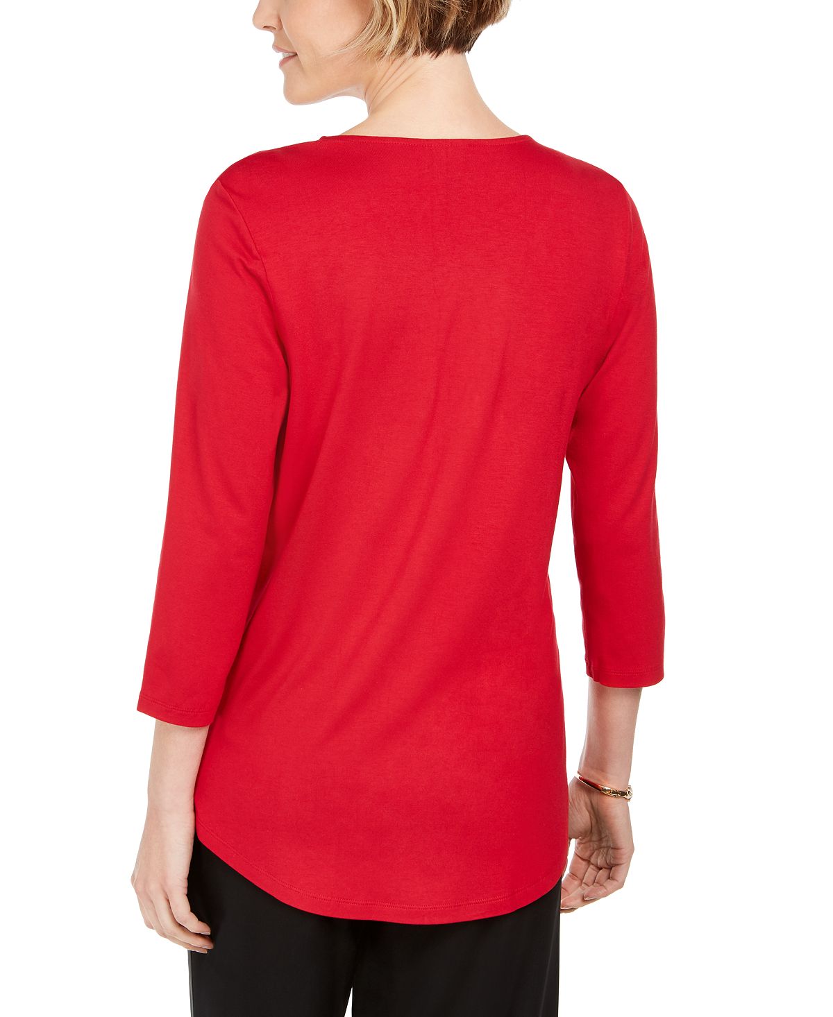 JM Collection Women's Printed Scoop Neck Top Red Size -Petite S