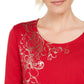 JM Collection Women's Printed Scoop Neck Top Red Size -Petite S