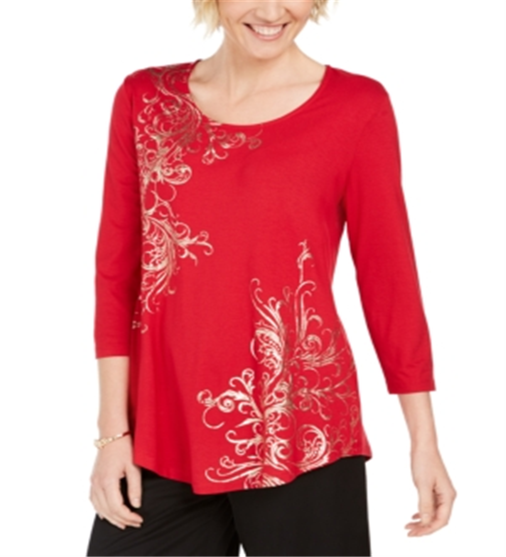 JM Collection Women's Printed Scoop Neck Top Red Size -Petite S
