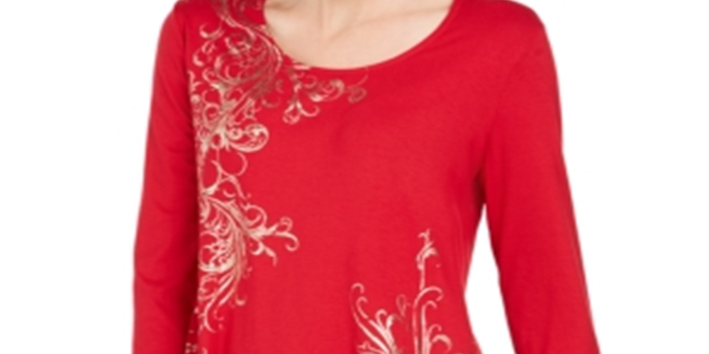 JM Collection Women's Printed Scoop Neck Top Red Size -Petite S