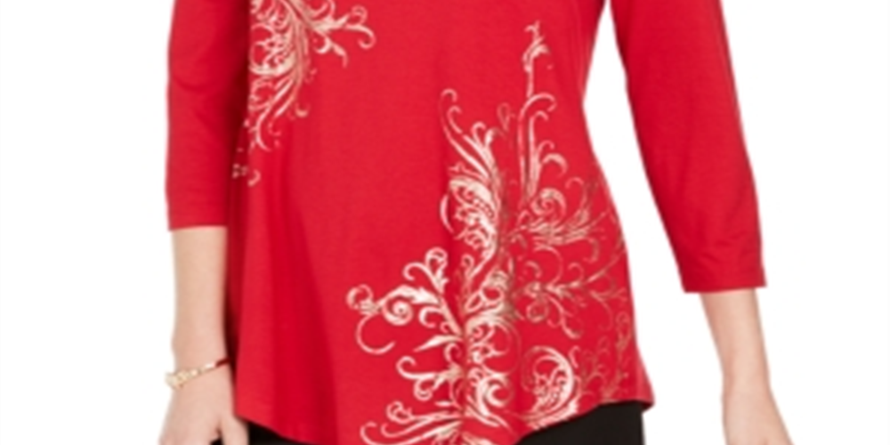 JM Collection Women's Printed Scoop Neck Top Red Size -Petite S