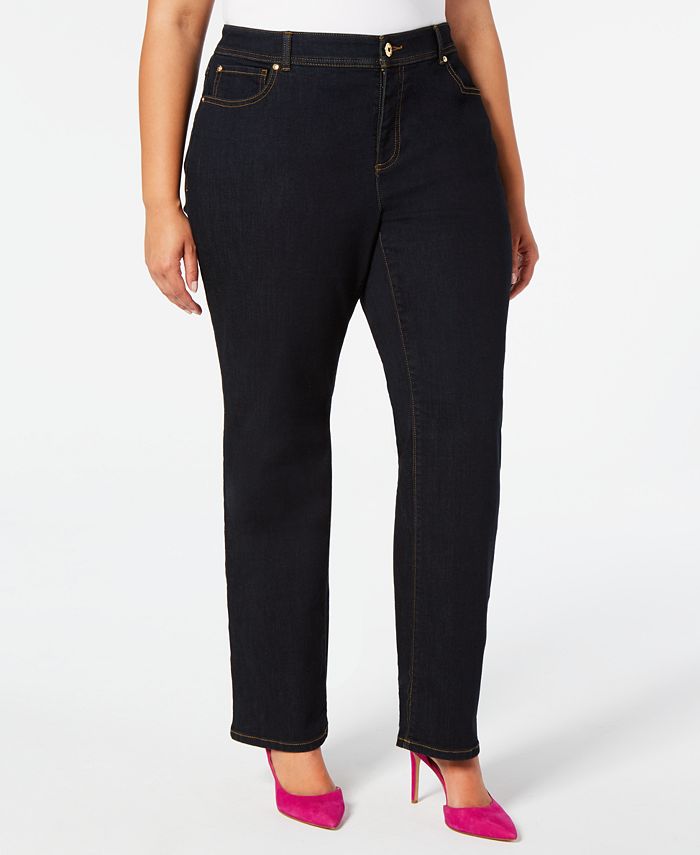 INC International Concepts Women's Tummy Control Straight Leg Jeans Black Size 18W