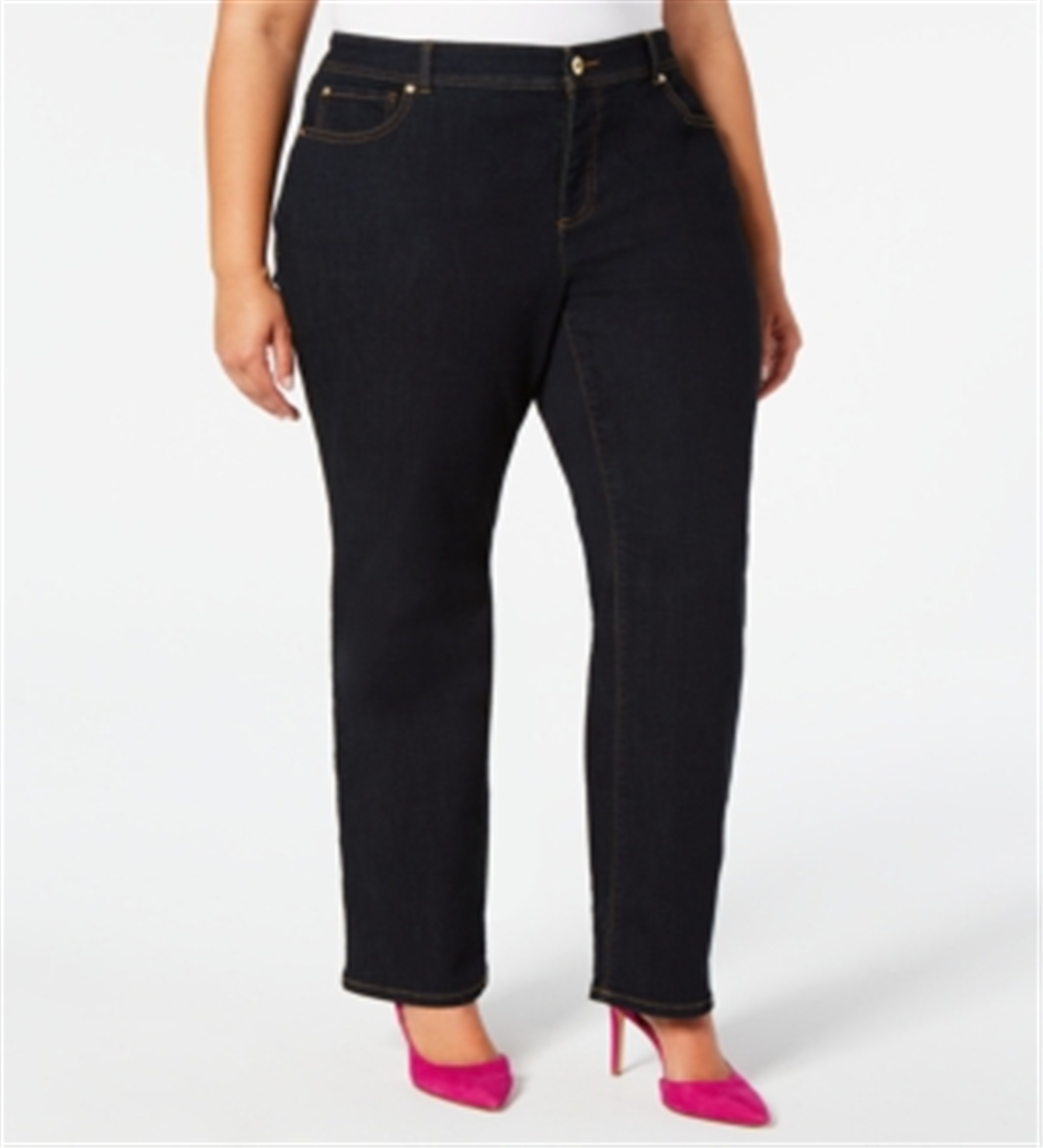 INC International Concepts Women's Tummy Control Straight Leg Jeans Black Size 18W
