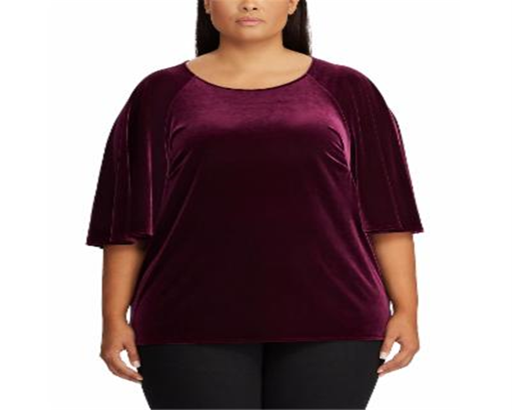 Ralph Lauren Women's Plus Velvet Flutter Sleeve T-Shirt Wine Size 2X