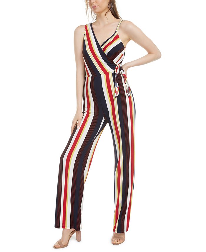 Bar III Women's Striped Asymmetrical Side Tie Jumpsuit Black Multi Size Large