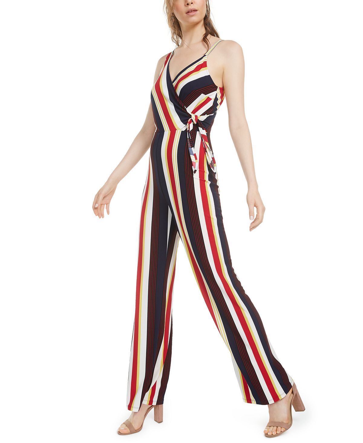 Bar III Women's Striped Asymmetrical Side Tie Jumpsuit Black Multi Size Large