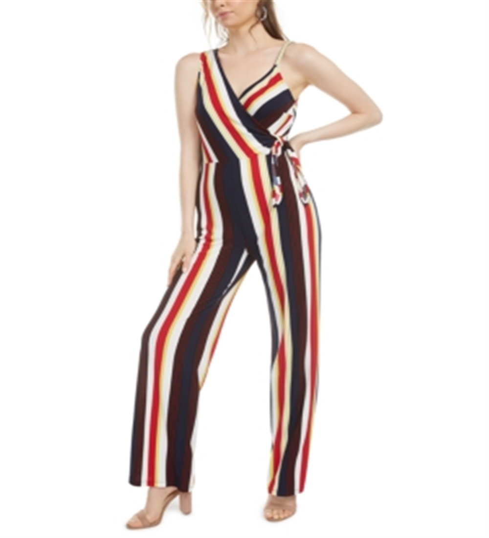 Bar III Women's Striped Asymmetrical Side Tie Jumpsuit Black Multi Size Large