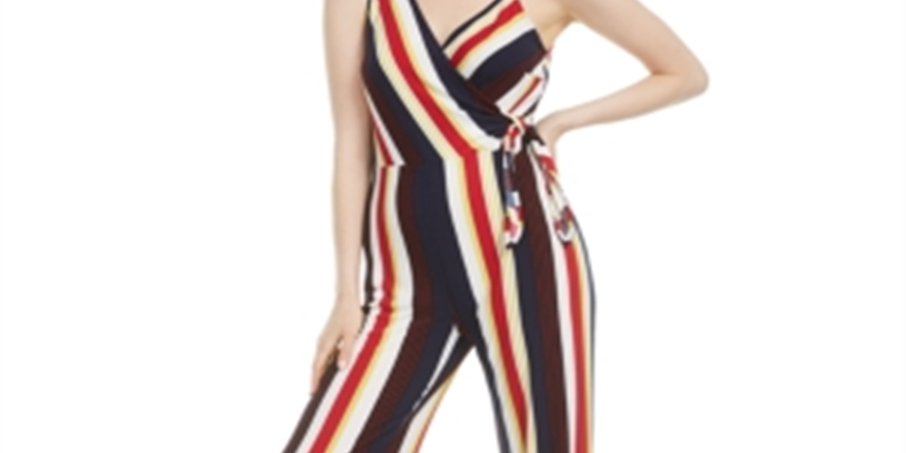 Bar III Women's Striped Asymmetrical Side Tie Jumpsuit Black Multi Size Large