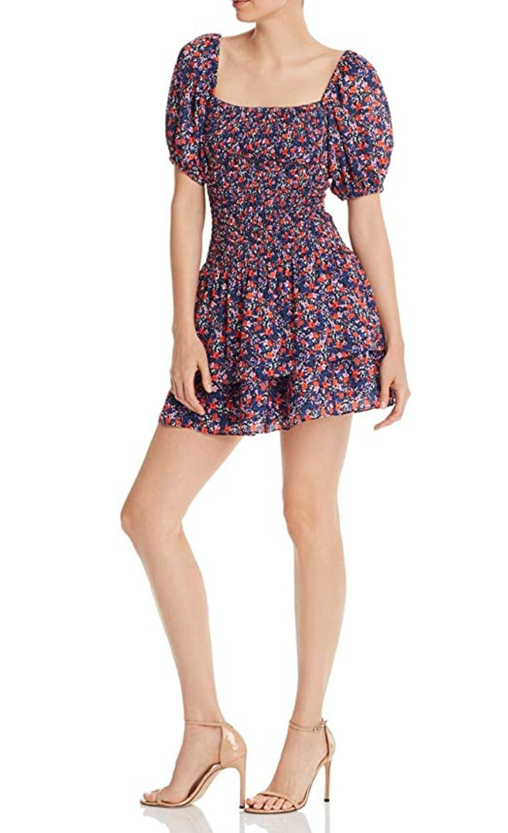 Parker Women's Floral Short Sleeve Square Neck Mini Fit Flare Dress Blue Size Large