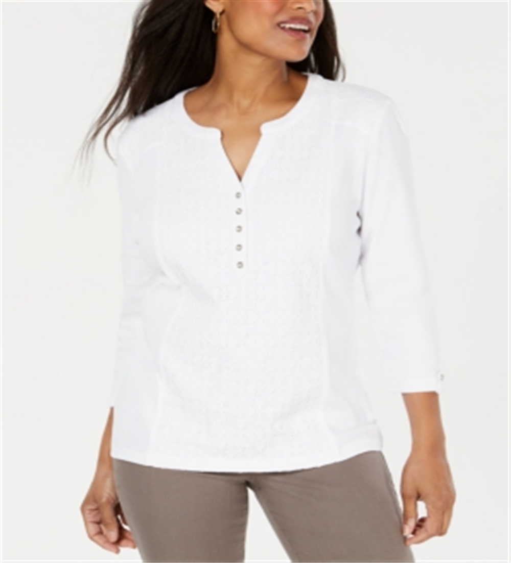 Karen Scott Women's Eyelet Front Cotton Henley Top White Size Petite S/M