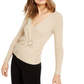 INC International Concepts Women's Lurex V Neck Buckle Sweater Beige Size Small
