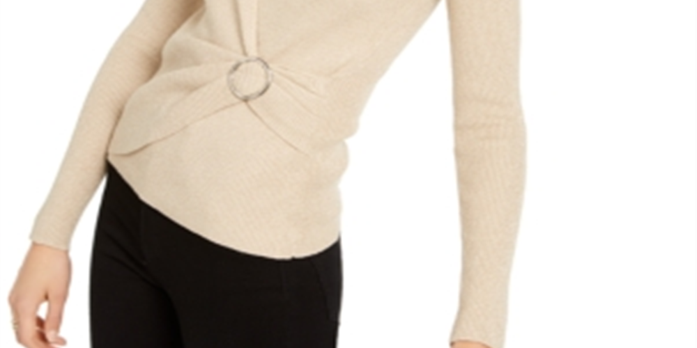 INC International Concepts Women's Lurex V Neck Buckle Sweater Beige Size Small