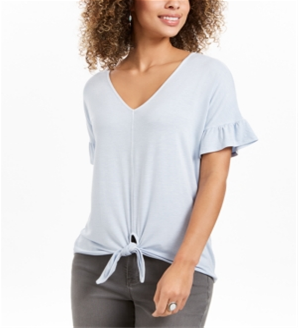 Style & Co Women's Flutter-Sleeve Tie-Front Top Blue Size XX-Large