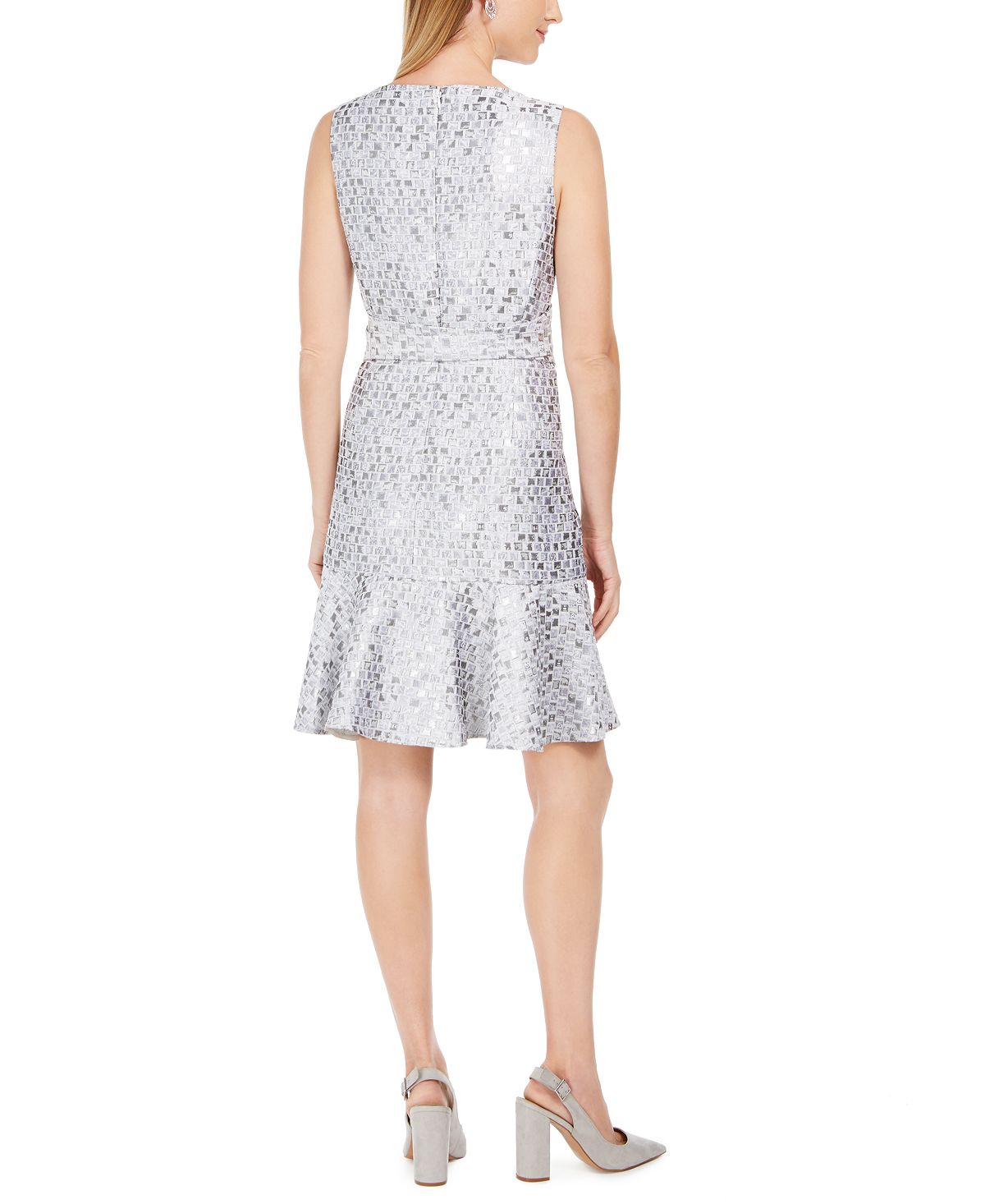 Natori Women's Mosaic Tile Obi Belt Ruffle Dress Gray Size 10