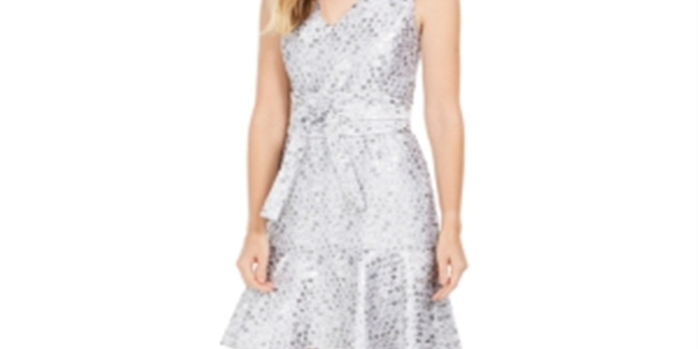 Natori Women's Mosaic Tile Obi Belt Ruffle Dress Gray Size 10