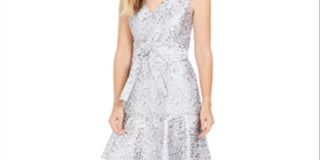 Natori Women's Mosaic Tile Obi Belt Ruffle Dress Gray Size 10